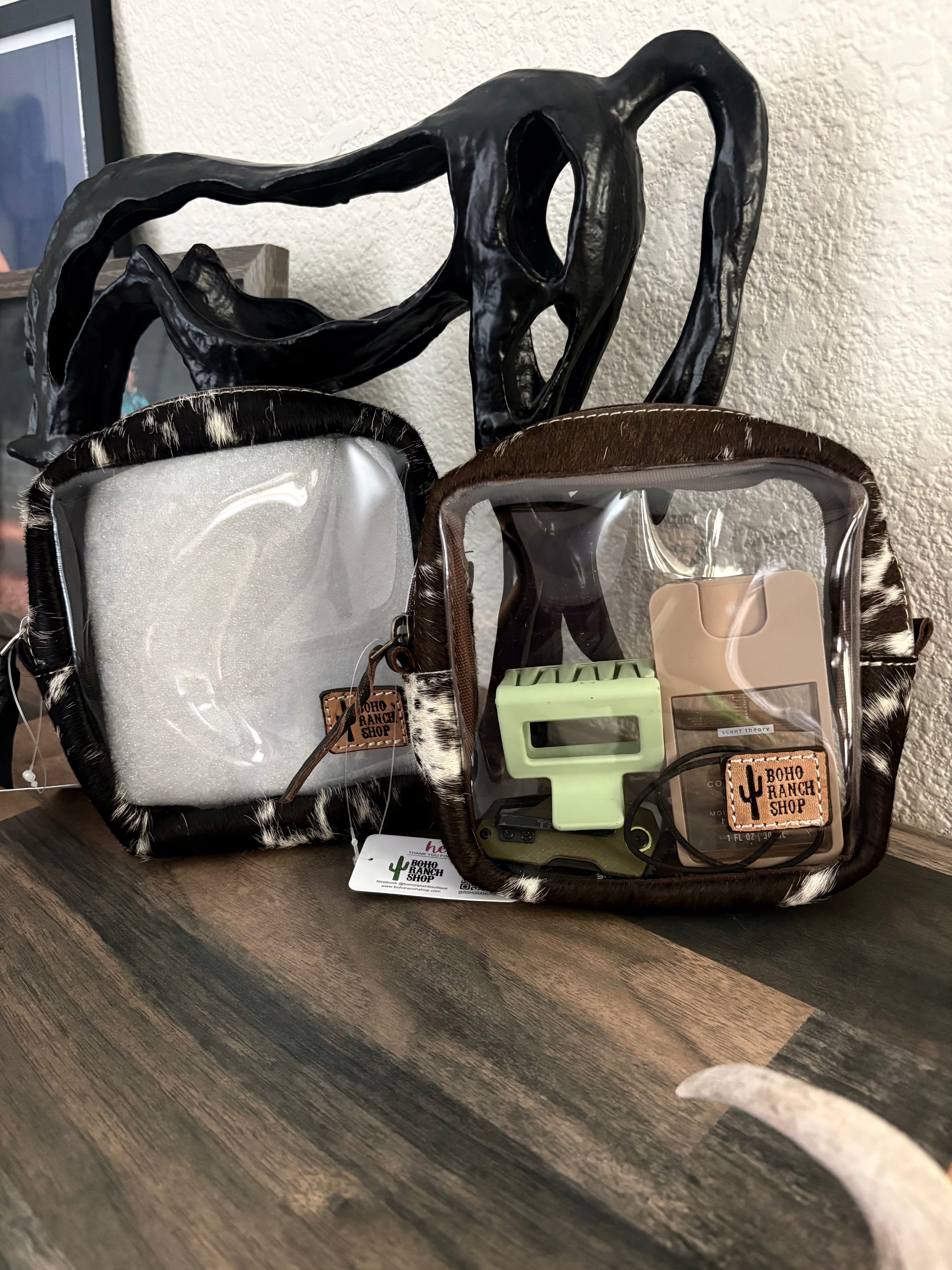 Clear case cowhide cosmetic bag